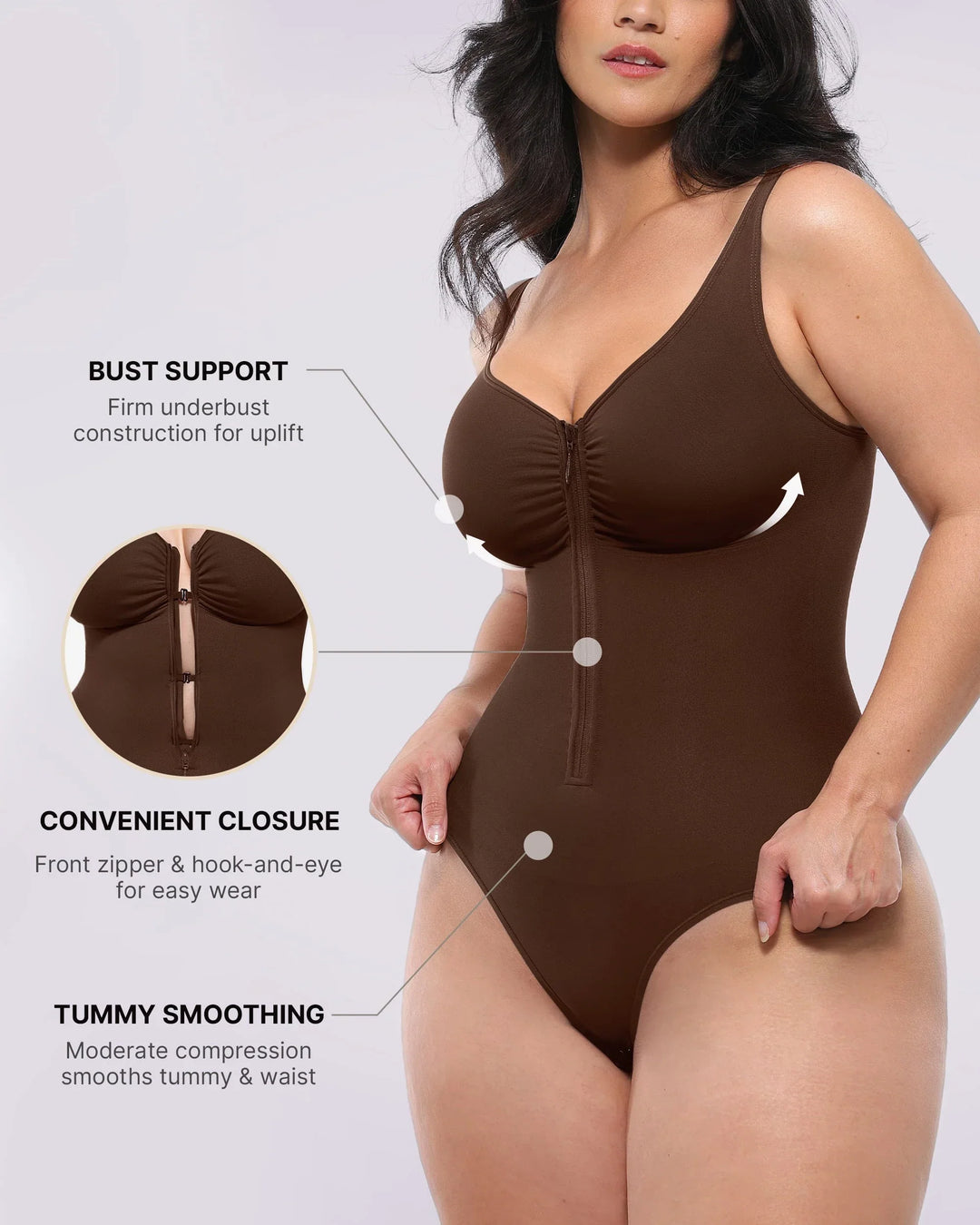 Body moldeador con cremallera frontal y corte tanga