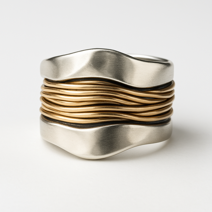 Anillo de hilos dorados y plateados